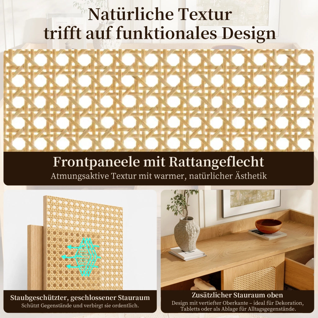 SIDEBOARD 120x40x91 cm MDF Color Rovere con Intreccio in Rattan e Cassetto