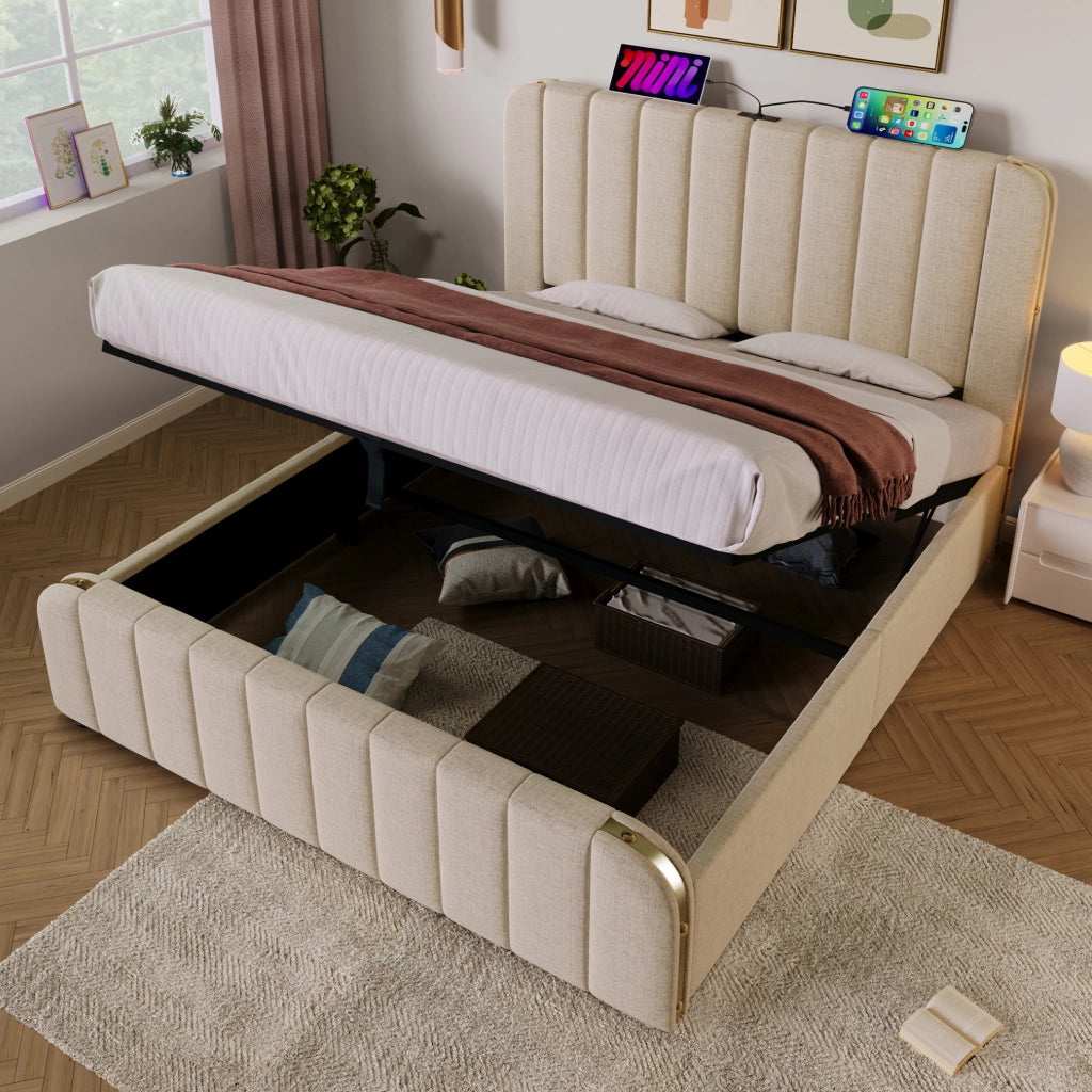 Letto imbottito contenitore 140x200 cm con USB e Type-C; beige