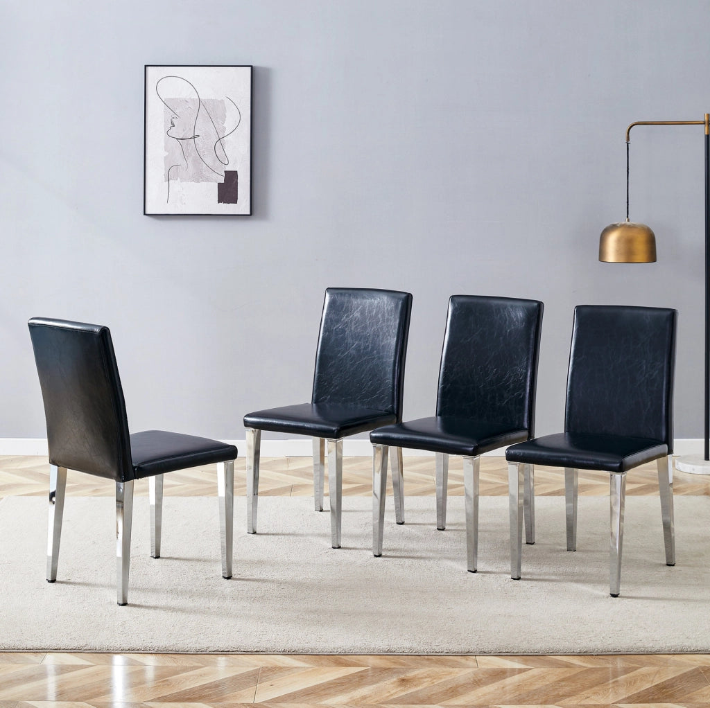 Set di 4 Sedie Minimaliste per Sala da Pranzo con Rivestimento in PU Nero e Gambe in Metallo Argento