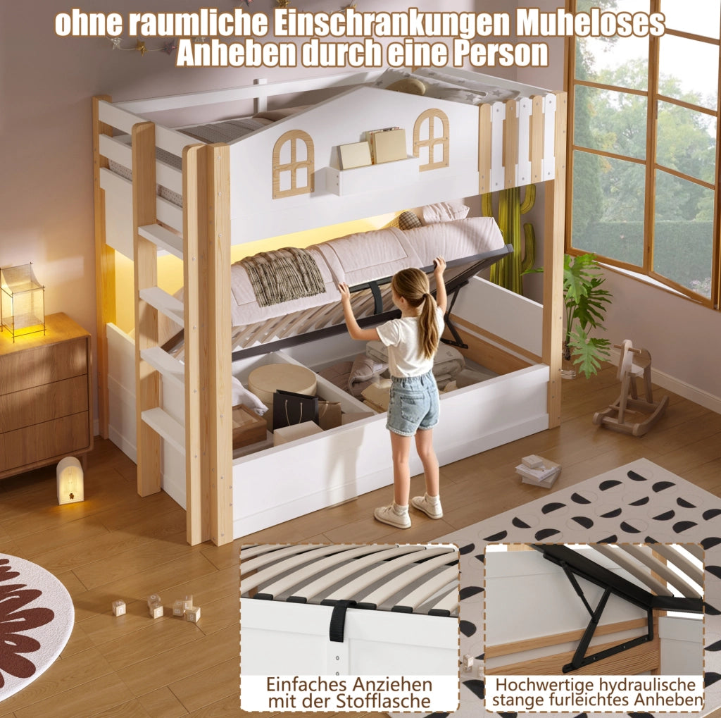 LETTO A CASTELLO 90x200 cm in pino massello e MDF, design casetta, bianco/naturale