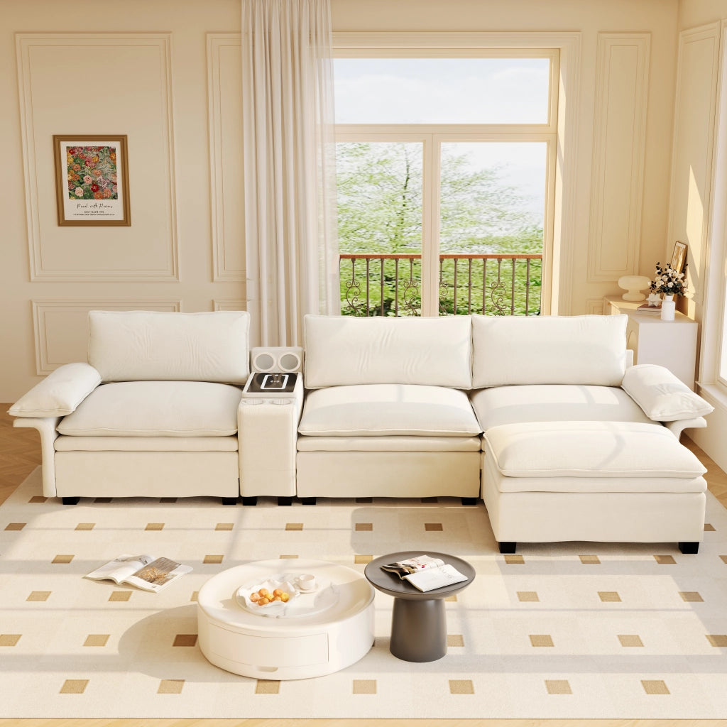 Divano modulare 4 posti a L 315 cm in ciniglia beige/bianco con ottomana e console