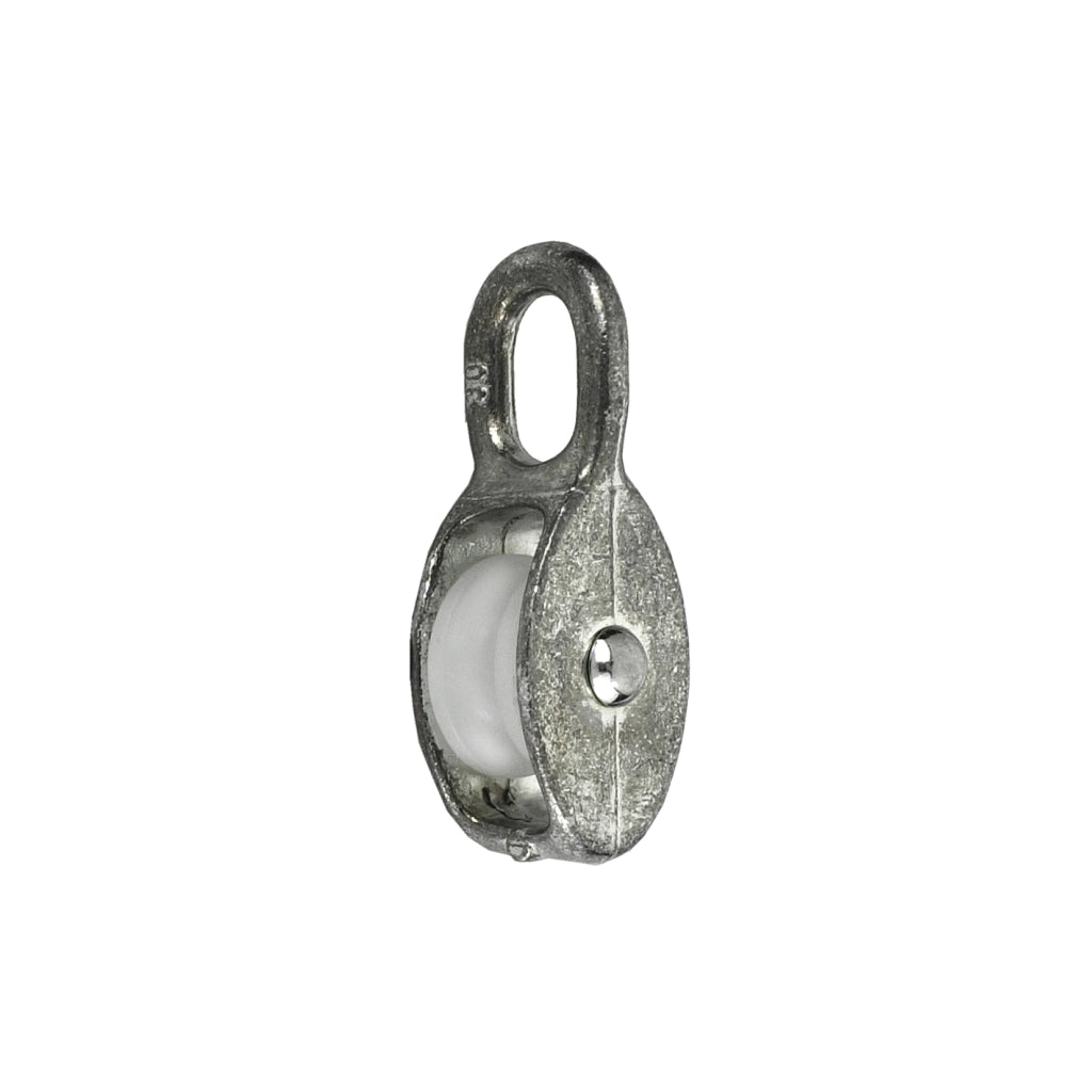 Carrucola ad 1 gola in lega di zinco e poliammide per funi Ø 9 mm.