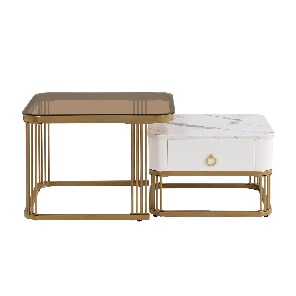 Tavolini da salotto a incastro con 1 Cassetto; Effetto Marmo Lucido e Vetro Color Tè; Moderno; in MDF; Bianco