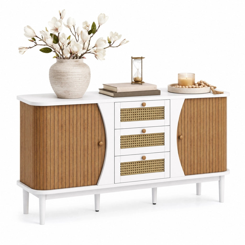 Credenza bianca e color legno con 3 cassetti in rattan