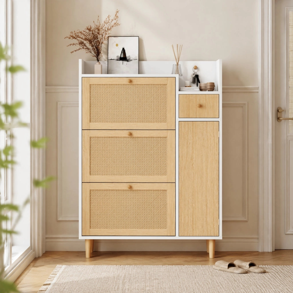 Scarpiera con 3 ante a ribalta e cassetto in MDF bianco e naturale con ripiani regolabili e gambe in legno 90 × 125 × 17 cm