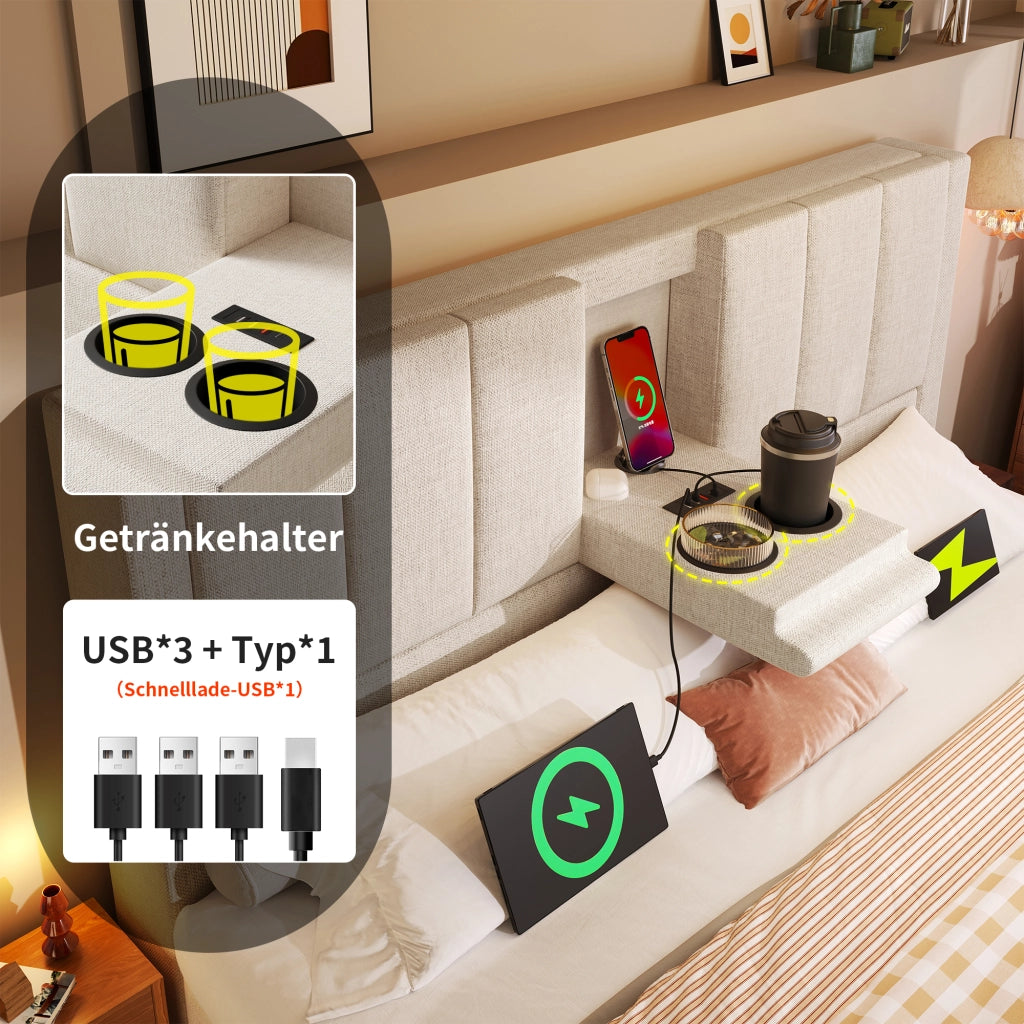 Letto contenitore matrimoniale 180 × 200 cm con 2 portabicchieri; USB e Type-C; senza materasso; in lino beige