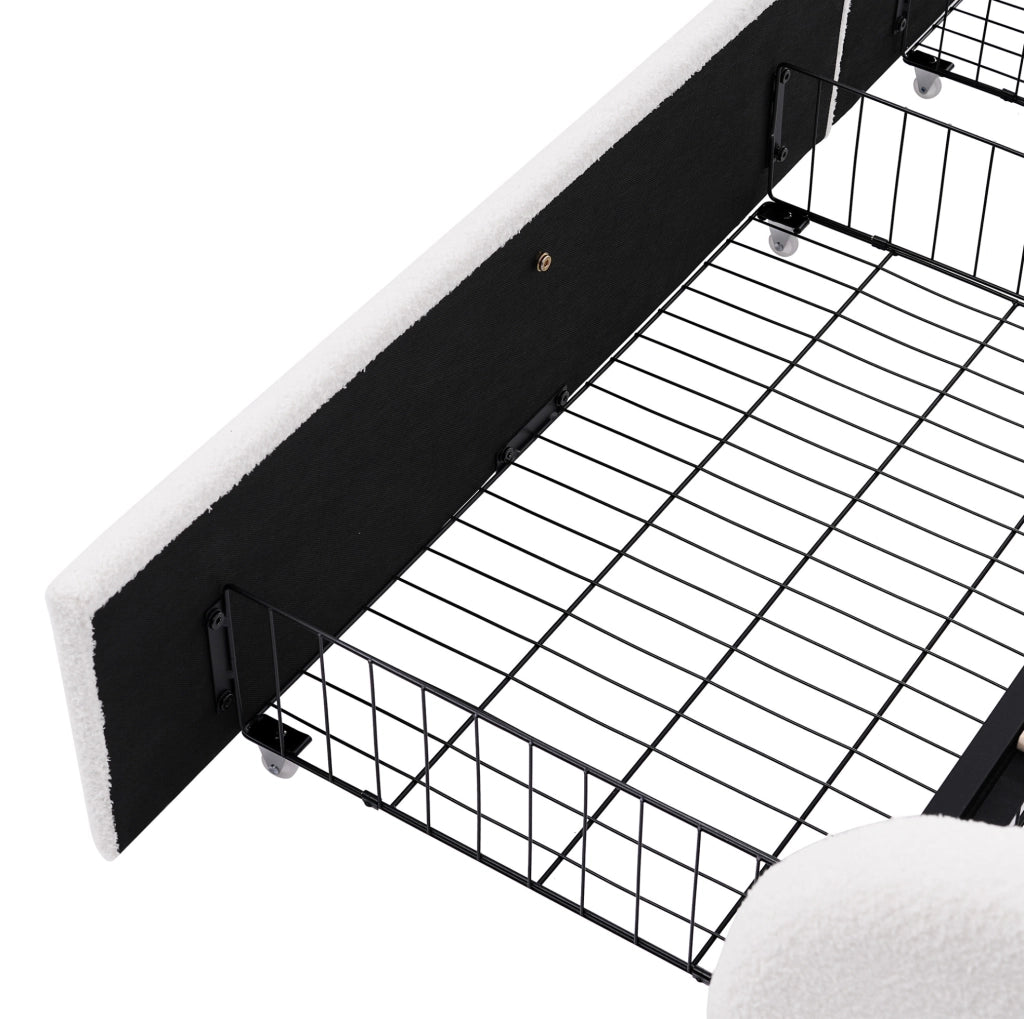 Letto matrimoniale 160x200 cm in sherpa bianco con materasso; 4 cassetti; LED e USB/Type-C HOMVRA