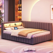 Divano letto 140 × 200 cm a L rivestito in velluto grigio con LED multicolore; USB; testiera e schienale