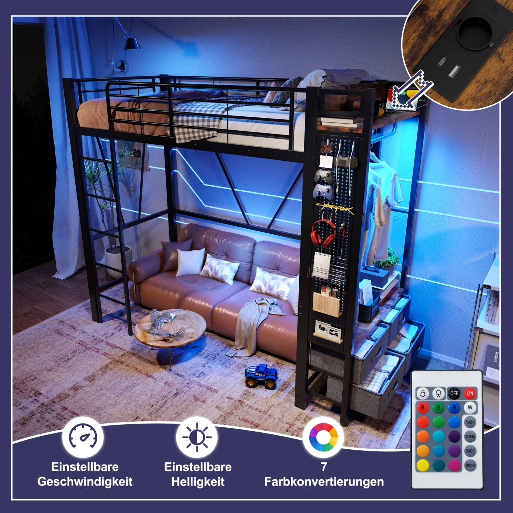 Letto a soppalco 90 × 200 cm con 4 cassetti ripiani barra appendiabiti LED prese USB Type-C metallo nero