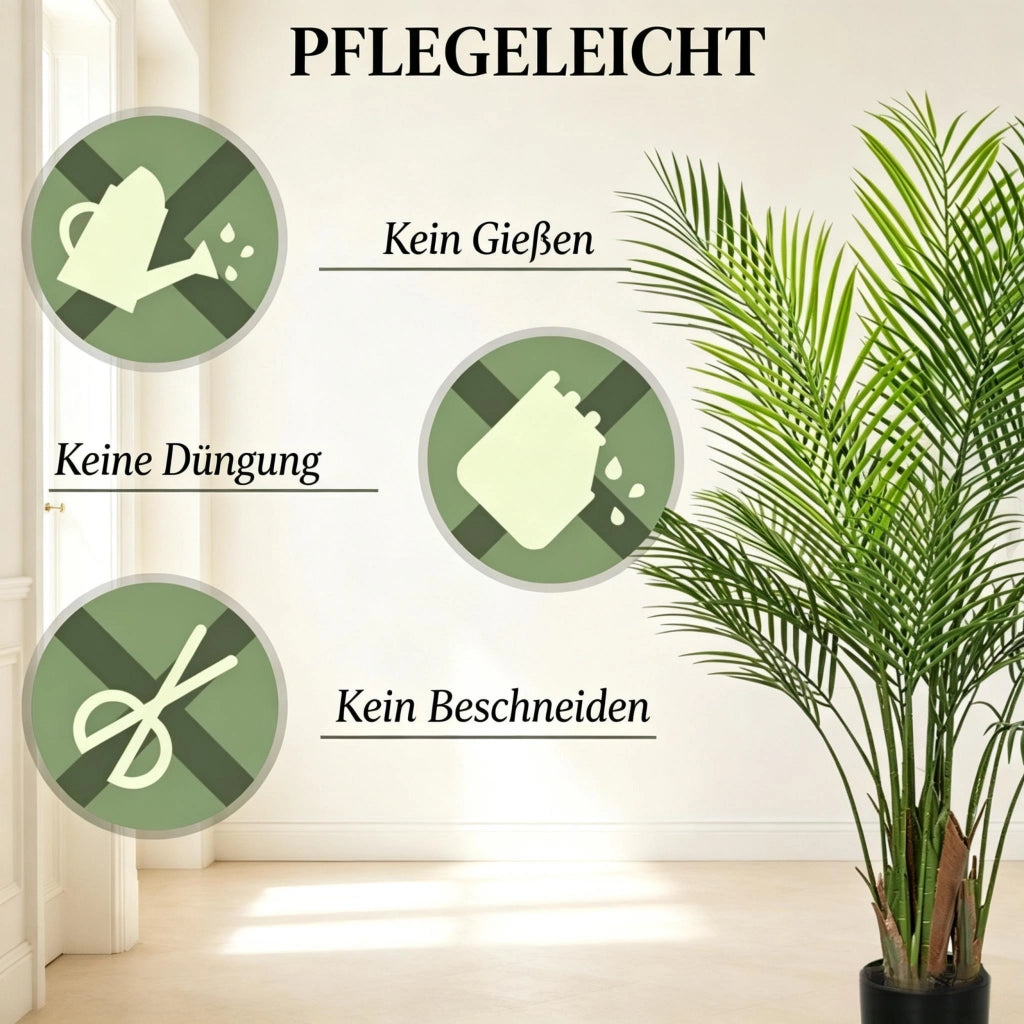 Palma artificiale areca con 22 foglie in plastica verde vaso in tessuto con base in cemento altezza 120 cm