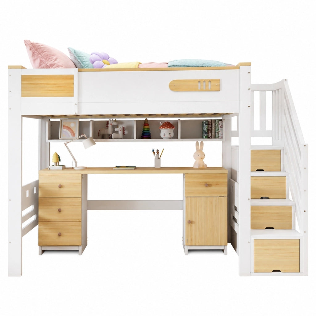 Letto a soppalco per bambini 90x200 cm bianco e legno con scrivania， senza materasso