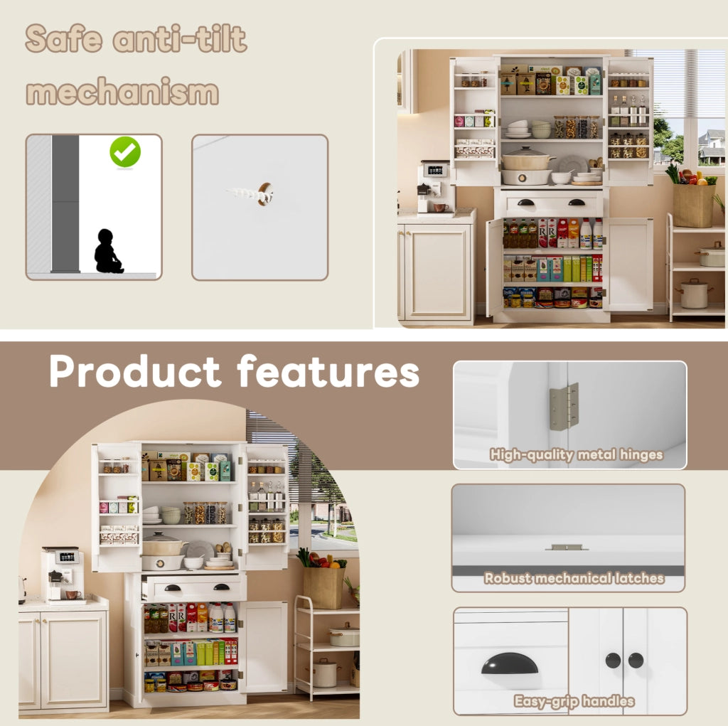 Credenza alta da cucina 80x40x182 cm con 4 ante; cassetto e ripiani regolabili in MDF bianco