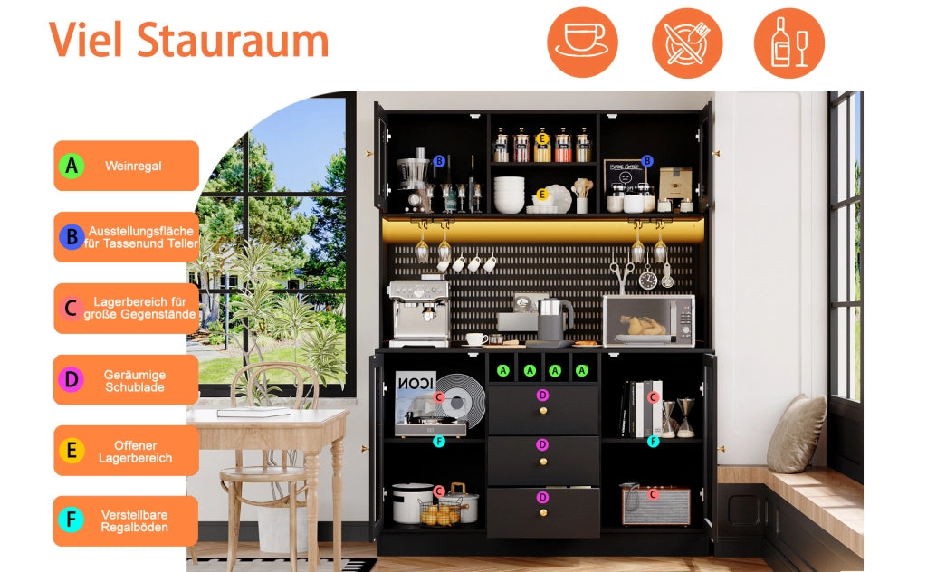 Mobile alto DESMIU con illuminazione LED smart, ripiani regolabili, portasciampagne e struttura anti-ribaltamento, nero 140x40x185,7 cm