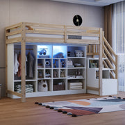 Letto a soppalco 90x200 cm in legno di pino con armadio integrato, ripiani, scala laterale con contenitori e illuminazione LED
