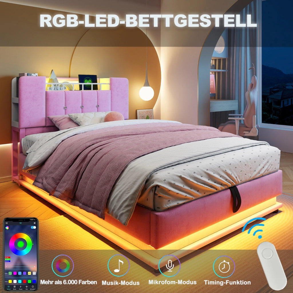 Letto per bambini imbottito 90x200 cm con LED; USB e vano contenitore idraulico; velluto rosa e metallo