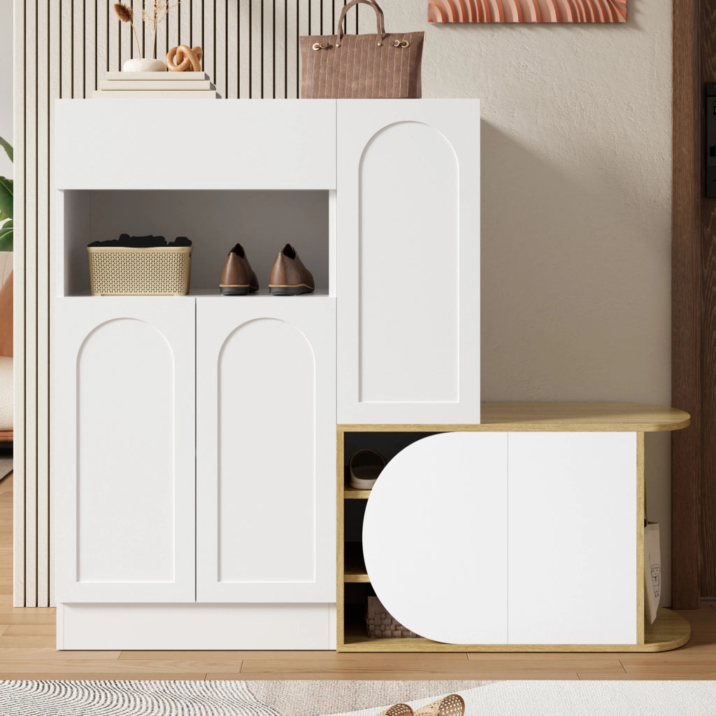 Scarpiera, mobile da ingresso, con seduta, cassetti, ripiani aperti, 130 x 35 x 110,5 cm, bianco e color legno naturale