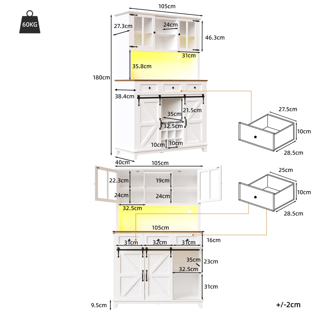 Credenza alta da cucina 105x38,4x180 cm in MDF bianco con LED, ante scorrevoli e ripiani regolabili