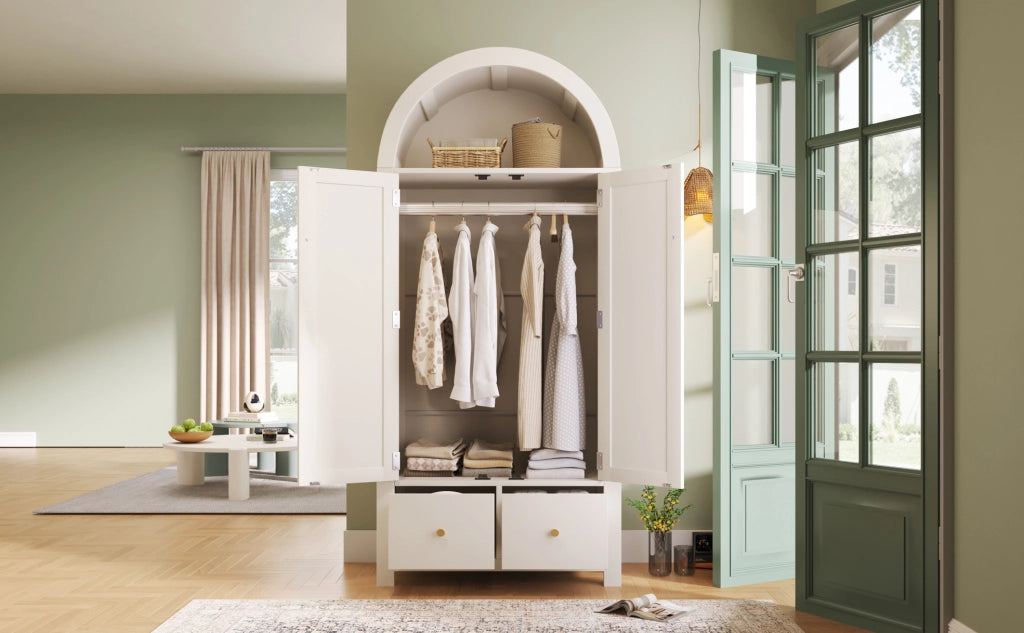 Armadio guardaroba 181x78x45 cm in MDF bianco con intreccio in rattan, 2 ante con chiusura magnetica, 2 cassetti, barra appendiabiti e apertura a mezzaluna