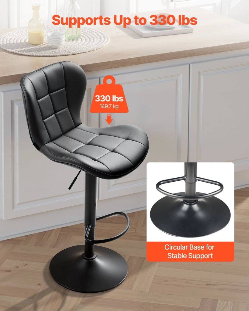 Set di 2 Sgabelli da Bar Girevoli LS-11070-1 in Pelle PU con Schienale e Poggiapiedi Altezza Regolabile per Cucina e Sala da Pranzo Neri