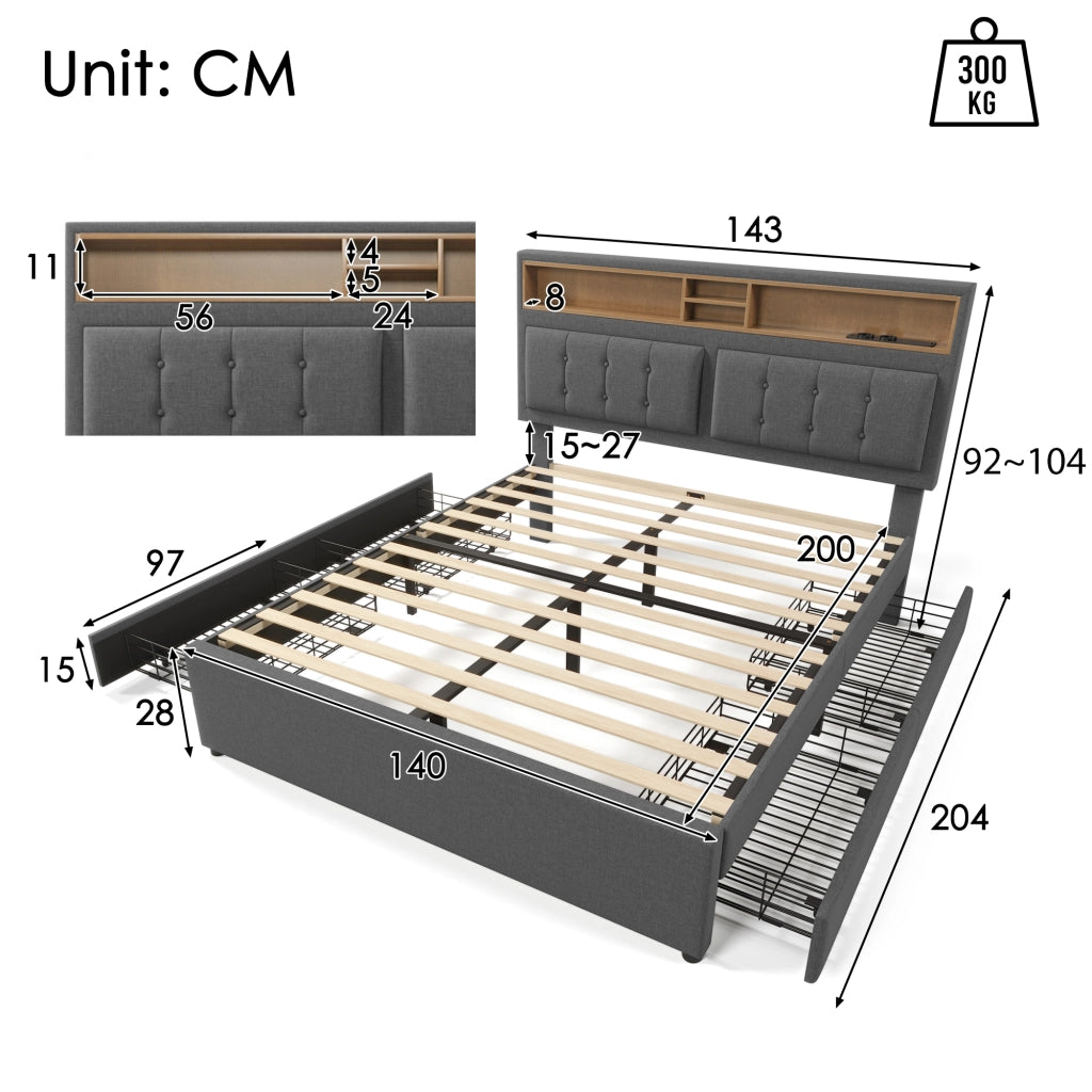 Letto con cassetti 140 × 200 cm testiera imbottita regolabile con prese USB e rivestimento in lino