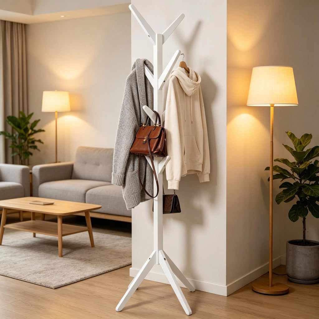 Appendiabiti da terra con 8 ganci in legno bianco struttura triangolare portata 3 kg per gancio 43 × 43 × 180 cm