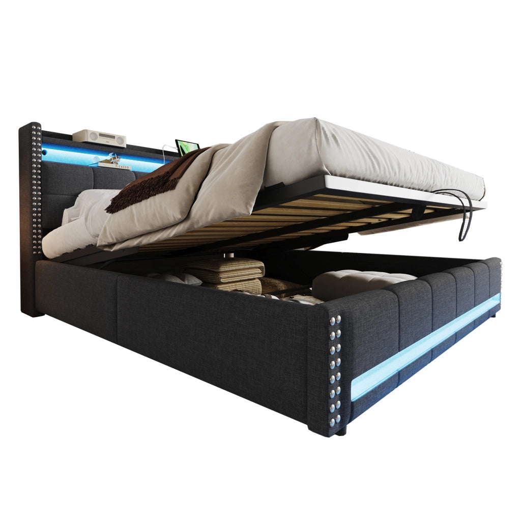 Letto imbottito 180x200 cm con contenitore; LED multicolore e presa USB; grigio