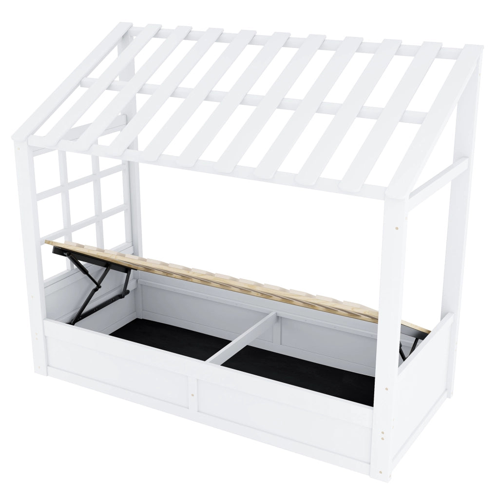 Letto a forma di casa ULEVR 90x200 cm con contenitore idraulico e vani laterali, bianco