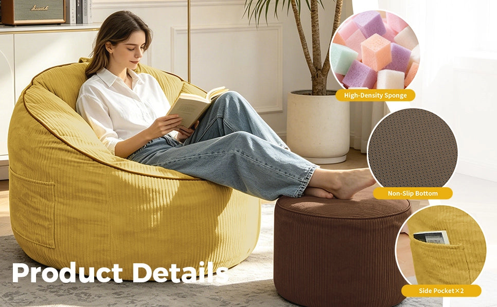 Poltrona curva ergonomica gialla con tasca laterale e pouf cilindrico