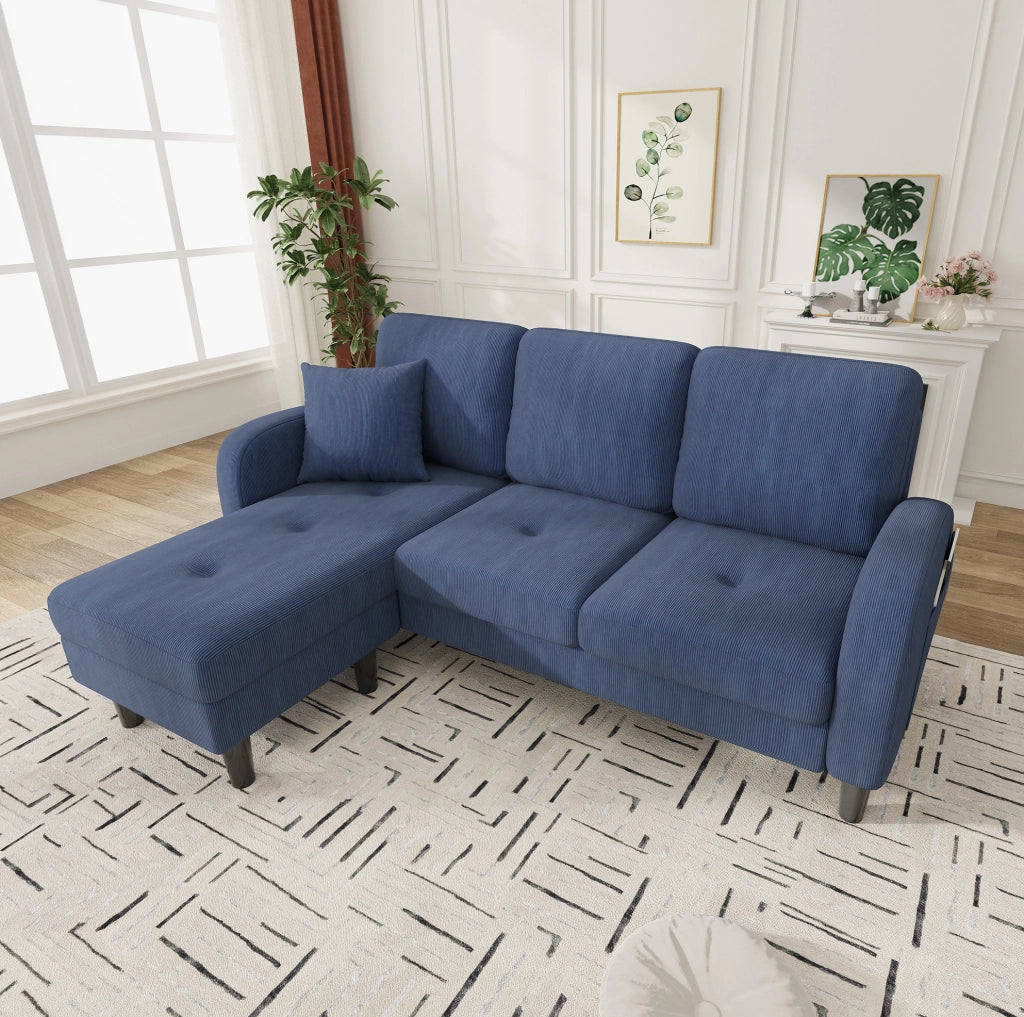 Divano angolare modulare blu, 3 posti, con chaise longue