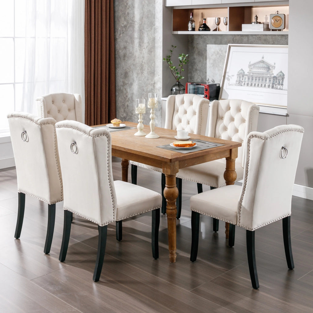 Sedie da pranzo set di 6 in velluto beige con gambe in rovere schienale capitonné borchie e maniglia cromata