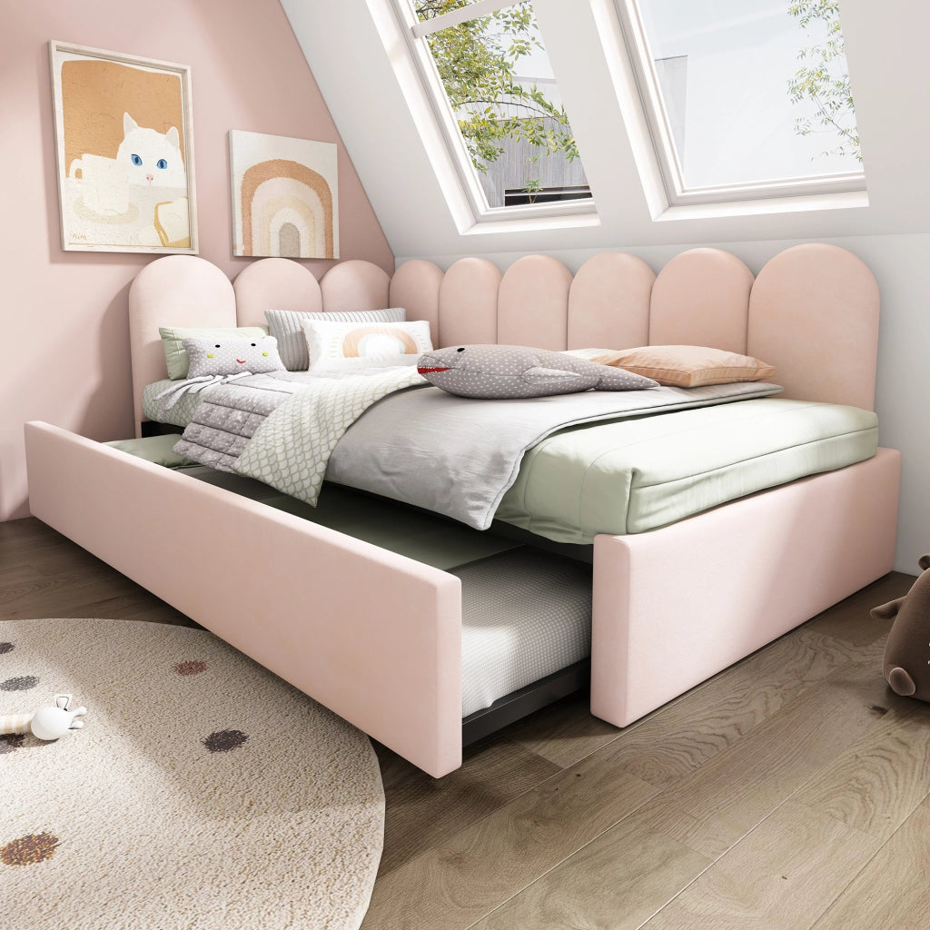 Letto singolo imbottito con letto estraibile 90 × 200 cm in velluto rosa con rete a doghe e schienale
