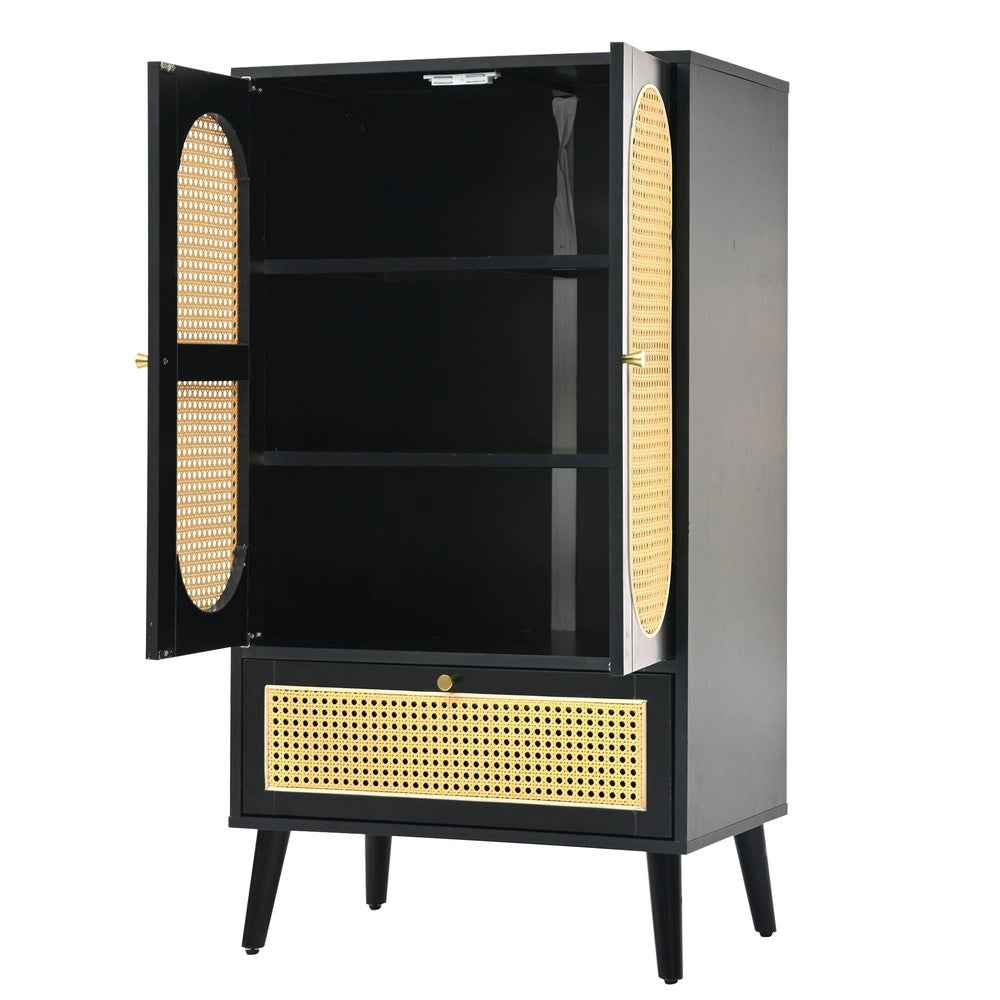 Consolle salvaspazio ¨C Minimal ¨C nero design rattan 110x40x120 cm 2 ante 1 cassetto