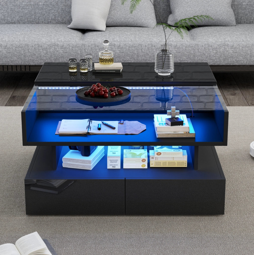 Tavolino da caffè quadrato alzabile 80x80x45 cm con LED; 2 cassetti; vetro temperato; nero