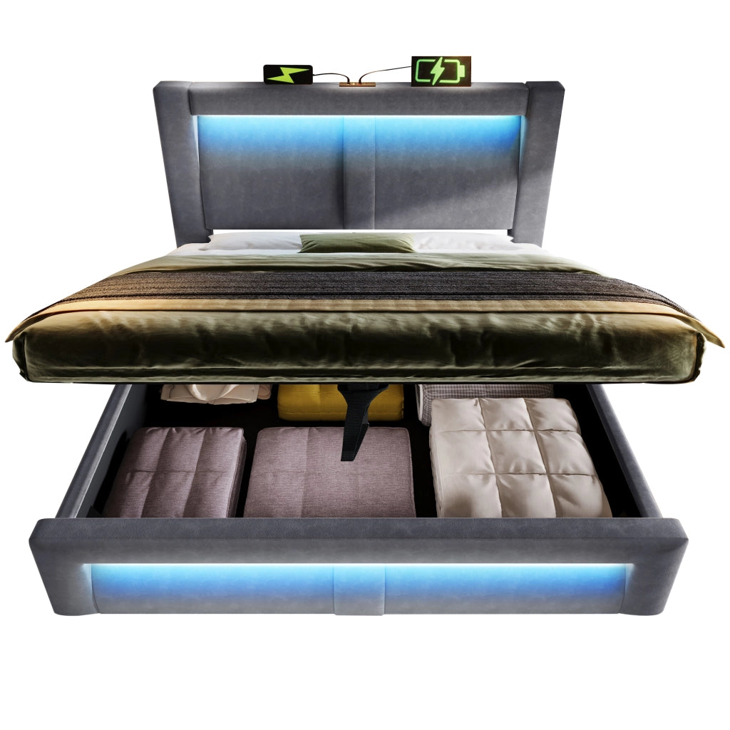 Letto matrimoniale 140 × 200 cm con contenitore idraulico; LED regolabile; USB e tipo C; senza materasso; grigio