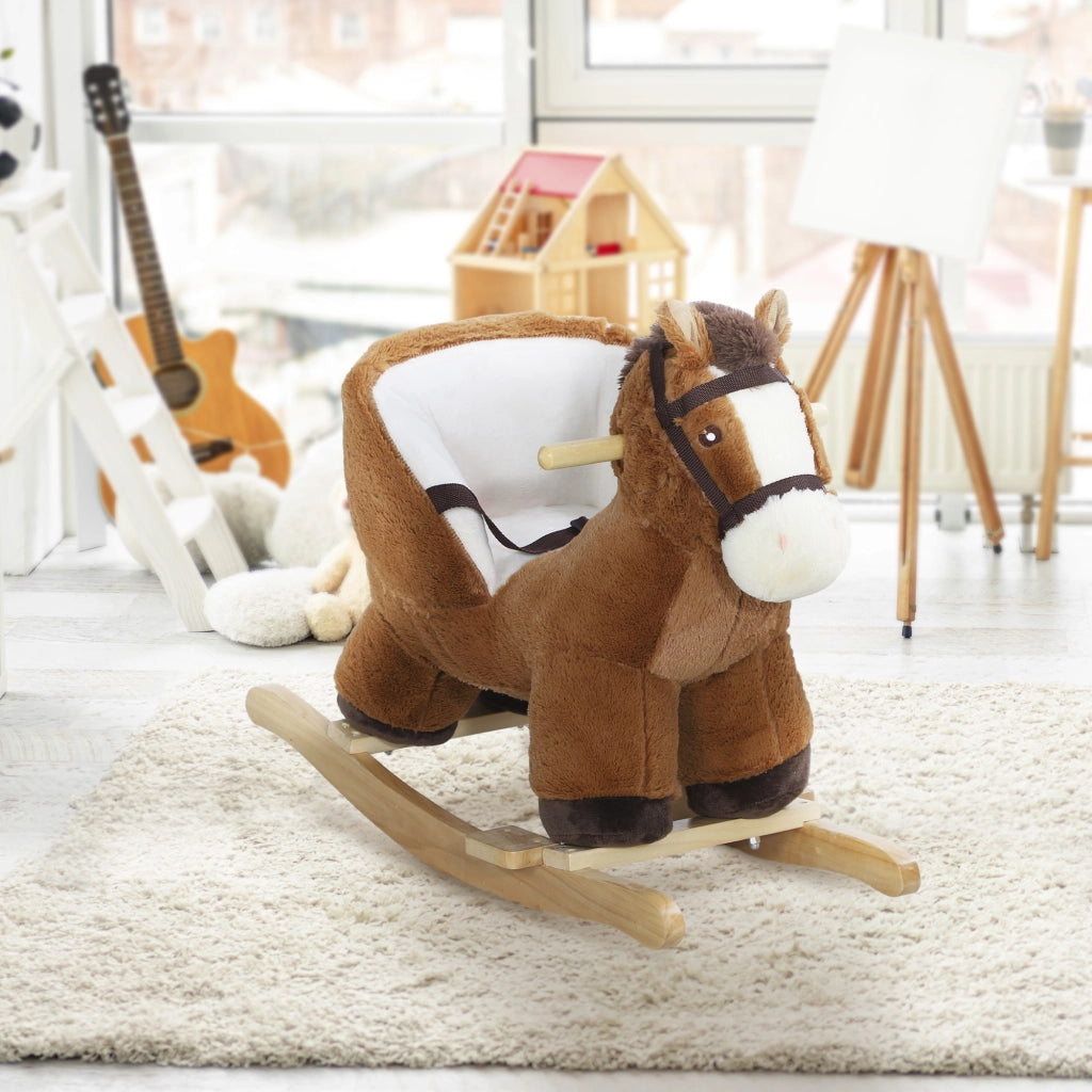 Cavallo a Dondolo per Bambini 18-36 Mesi con Suoni, Base in Legno e Cintura di Sicurezza, Marrone