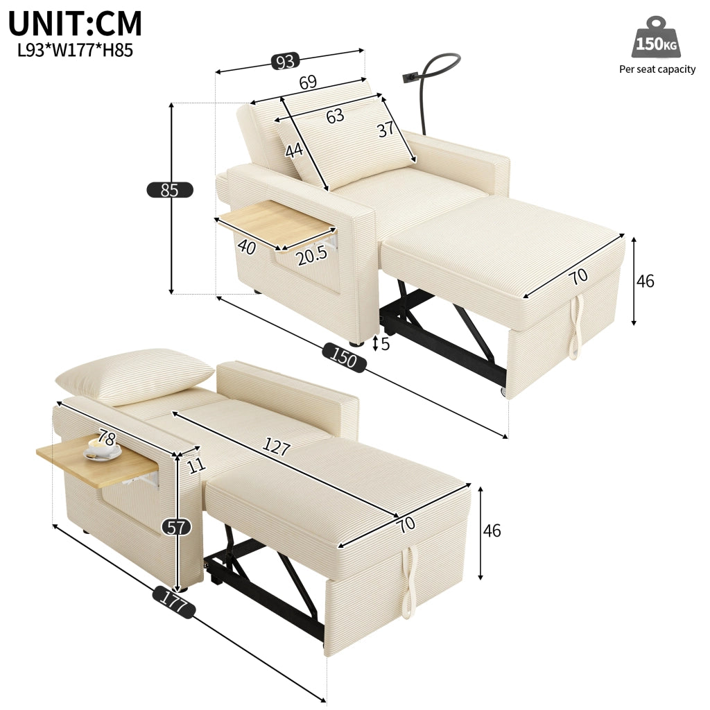 Poltrona letto 1 posto reclinabile con USB e USB-C in velluto a coste beige