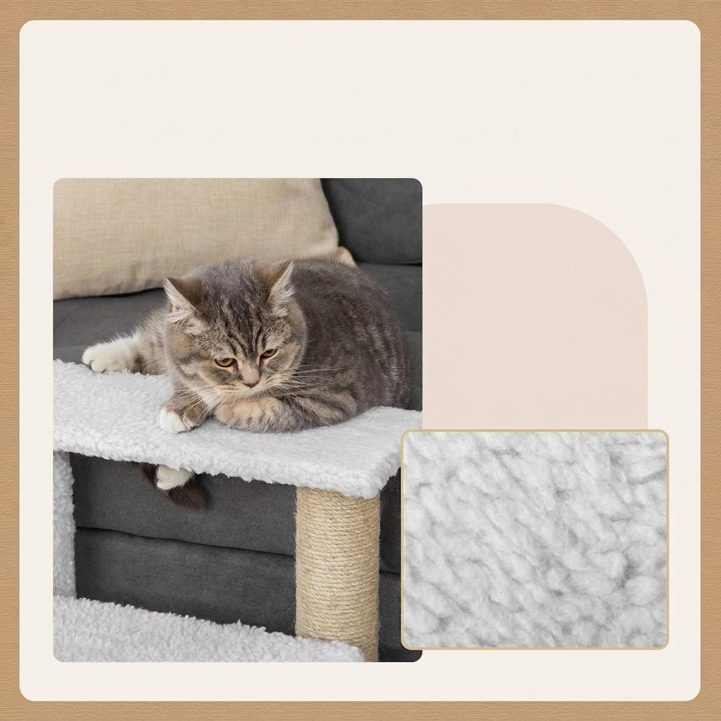 Scaletta per Gatti a 3 Gradini con Tiragraffi in Juta e Peluche; per Animali fino a 5 kg; Bianco; 45x40x48 cm