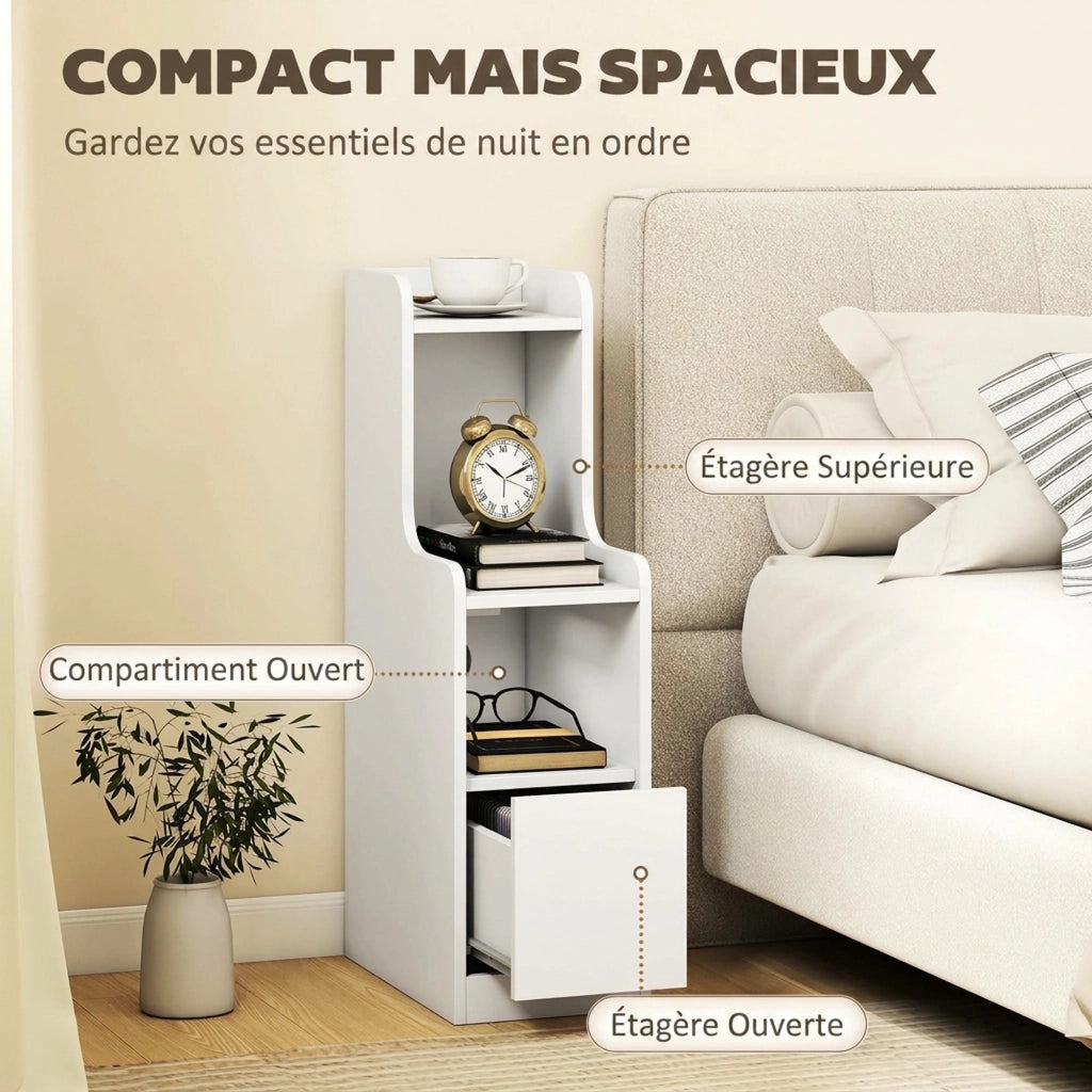 Lot de 2 Tables de Chevet avec Station de Charge, Tables de Nuit Modernes avec Tiroir, Étagères Ouvertes, Blanc