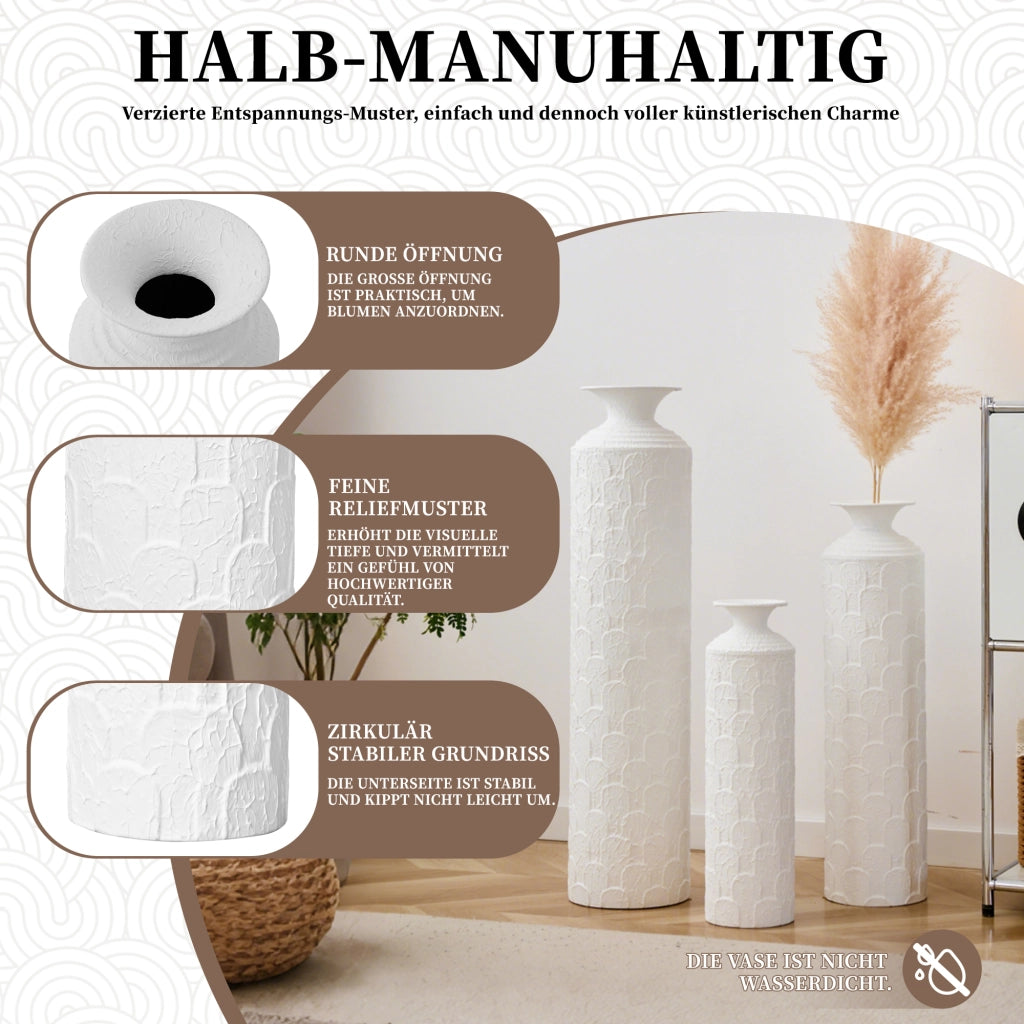 Set di vasi da pavimento con 3 vasi decorativi in metallo bianco per fiori secchi, superficie opaca e testurizzata