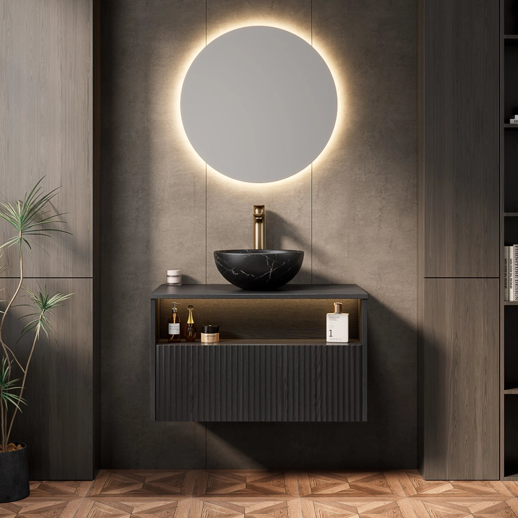 Mobile bagno sospeso con 1 cassetto e 1 vano aperto; lavabo in ceramica; LED con sensore e chiusura ammortizzata; nero 80×46×60.8 cm