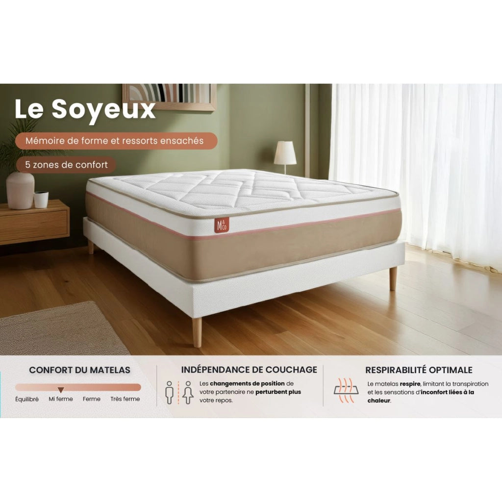 Pacchetto letto completo - Materasso 160x200cm + Box spring con doghe (kit) + 2 cuscini + Piumino - Le Soyeux