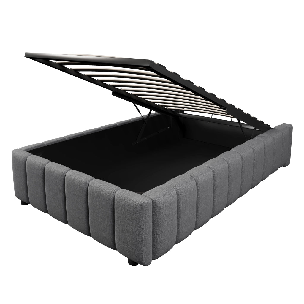 Letto contenitore singolo 90 × 200 cm con sollevamento idraulico; senza materasso; in lino e MDF; grigio