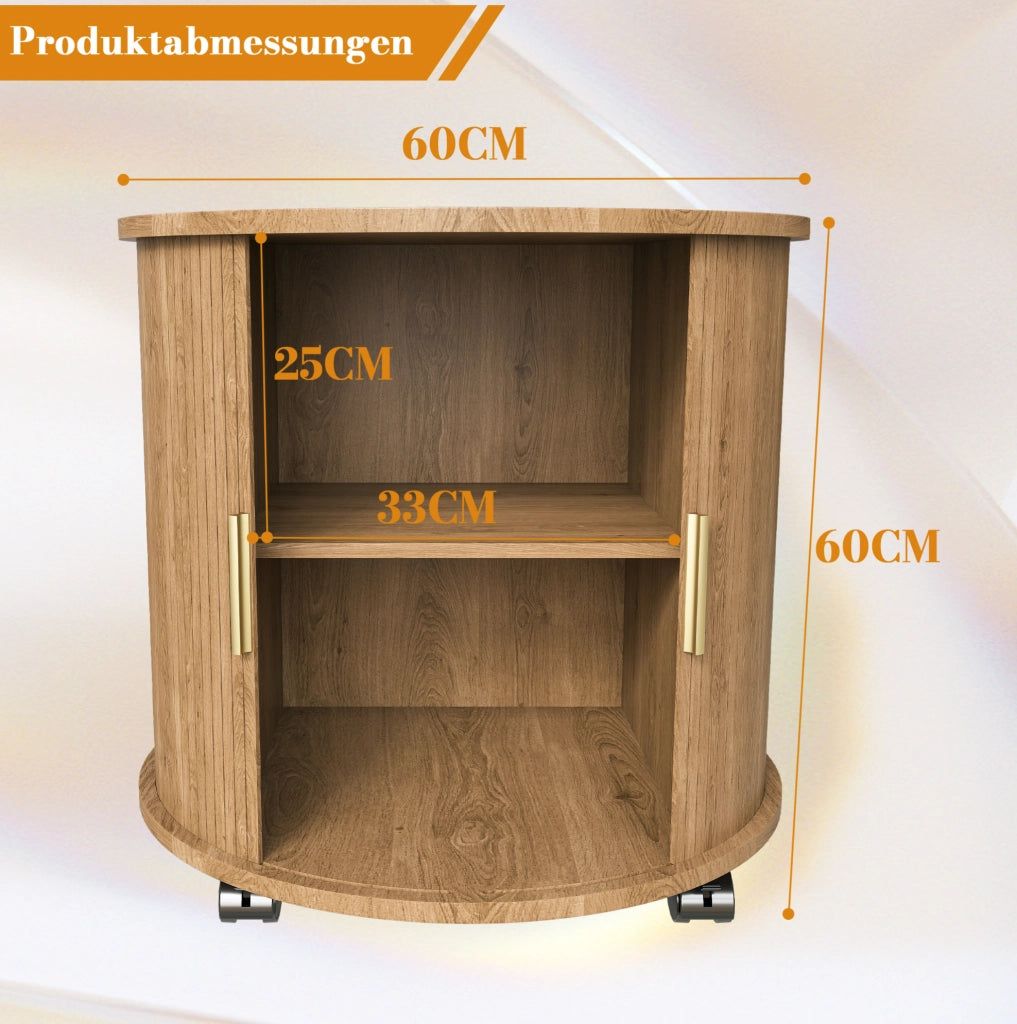 Comodino cilindrico stile Mid-Century con stazione di ricarica (presa elettrica + 2 USB), anta scorrevole e doppio vano, finitura effetto quercia, 60x60x60 cm