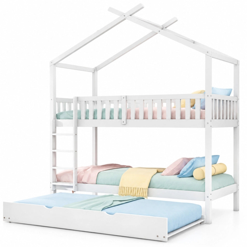 Letto a castello a 3 posti in pino bianco 90x200 cm