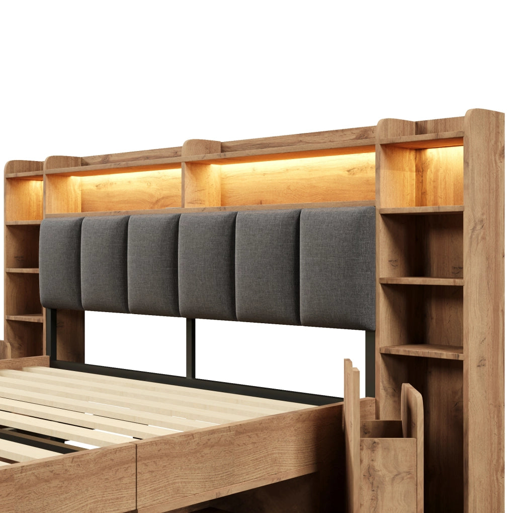 Letto matrimoniale 180x200 cm con LED; porte USB e cassetti effetto rovere HOMVRA