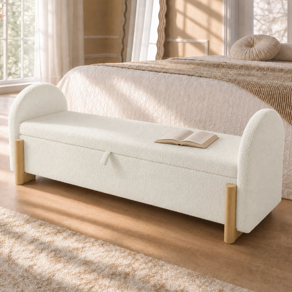 Panca contenitore da letto 146x47x61 cm con vano idraulico in ciniglia bouclé bianca