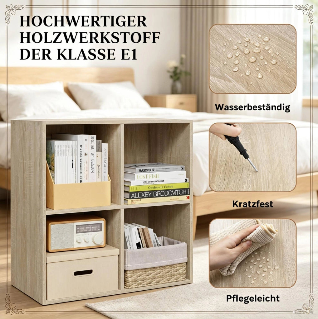 Libreria a cubi compatta in legno E1 60x60x29 cm con 4 scomparti, mobile aperto multifunzione per soggiorno e ufficio, colore legno chiaro