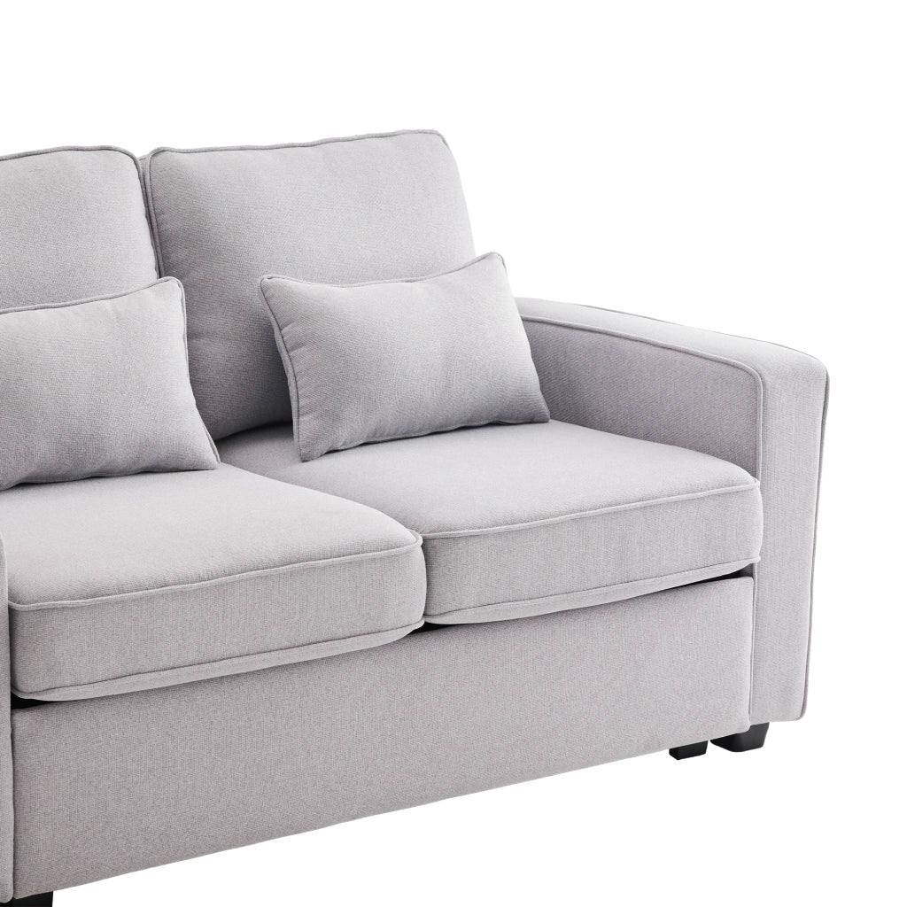 Divano 4 posti 290x83x88 cm con console, porta USB e portabicchieri in tessuto grigio effetto lino