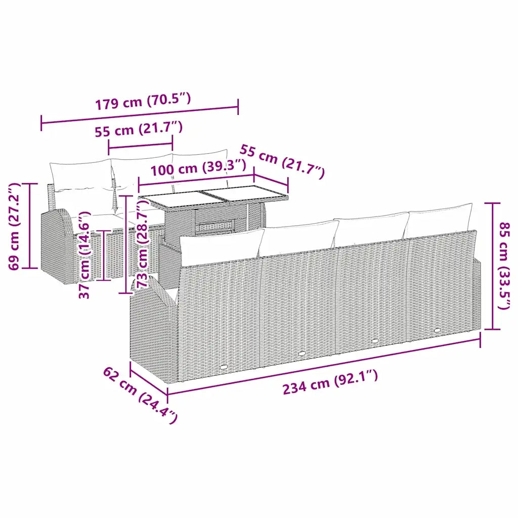 Set Divano da Giardino con cuscino 8 pcs Nero Poly Rattan 3348589