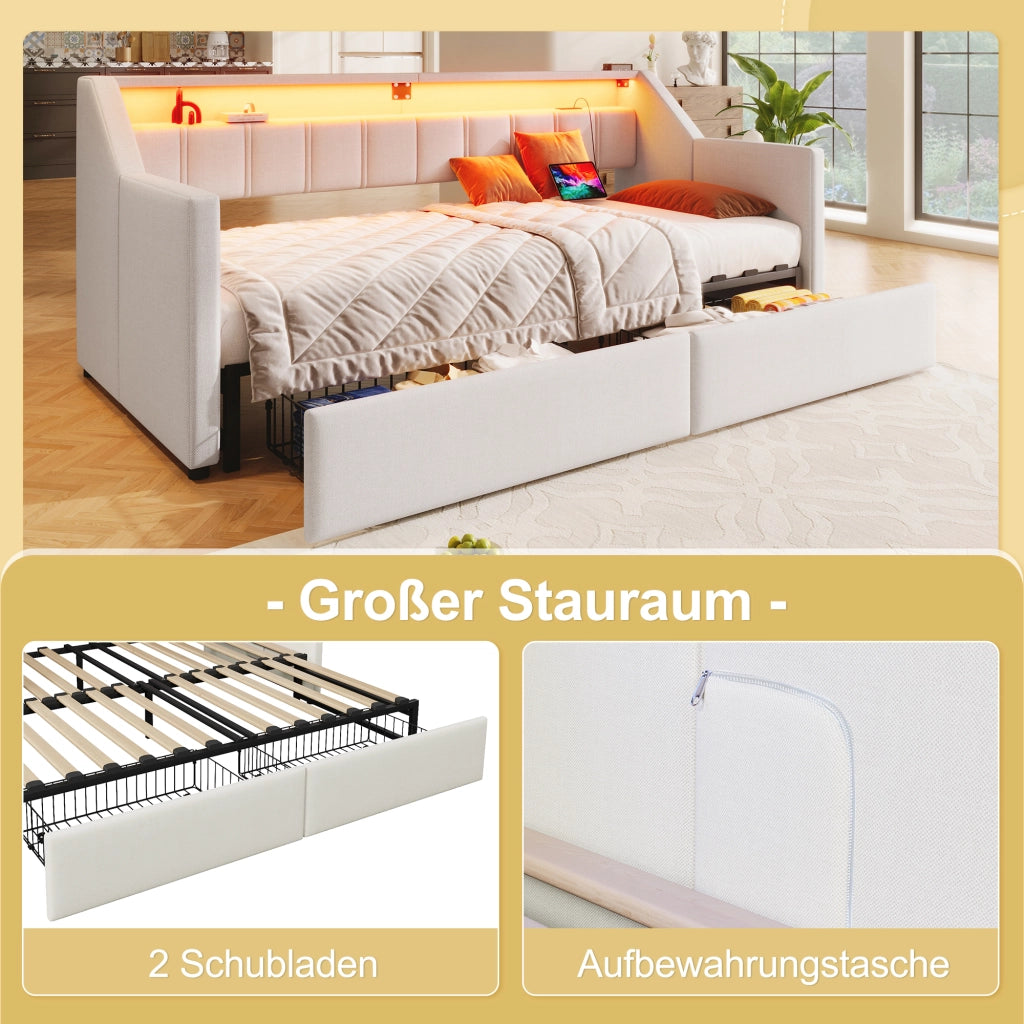 OKWISH Letto a Scomparsa 90×200 cm, Letto Singolo con USB, Tipo C, LED Regolabile, 2 Cassetti e Tasche Contenitore, senza Materasso, Beige